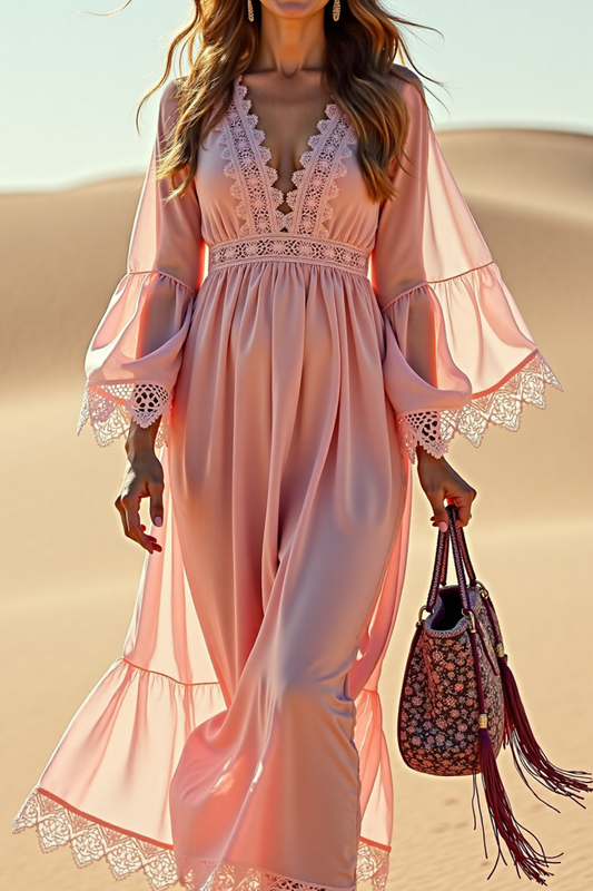 Vacation Casual Loose Dress Pink V Neck Lace Long Sleeve Maxi Dress