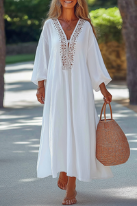 Vacation Casual Loose Dress White Deep V 3/4 Length Sleeve Maxi Dress