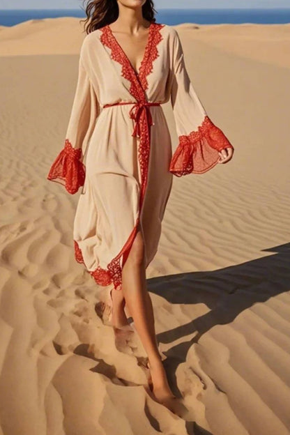 Vacation Casual Loose Dress Red V Neck Lace Long Sleeve Midi Dress