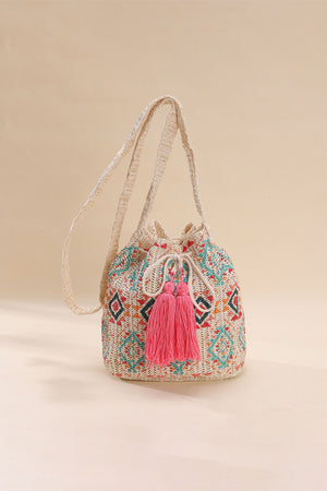 Bohemian Ethnic Cross-body Bag Woven Fringe Print Bucket Bag