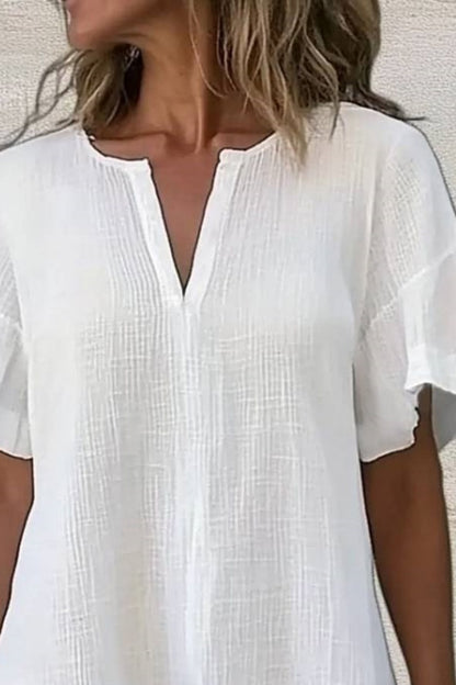 Basic Casual Top V Neck White Ruffle Short Sleeves