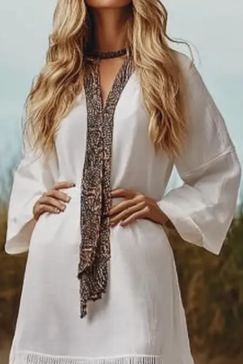 Vacation Casual Loose Boho Dress White V Neck Tassel Long Sleeve Midi Dress