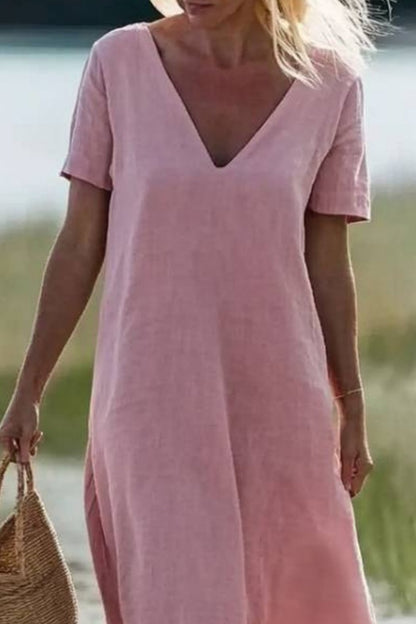 Vacation Casual Loose Dress Pink V Neck Short Sleeve Maxi Dress