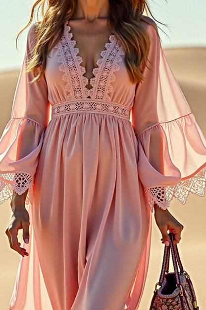 Vacation Casual Loose Dress Pink V Neck Lace Long Sleeve Maxi Dress