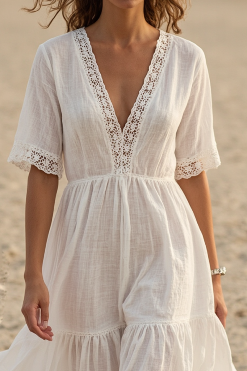 Vacation Casual Loose Dress White V Neck Lace Ruffle Half Sleeve Midi Dress