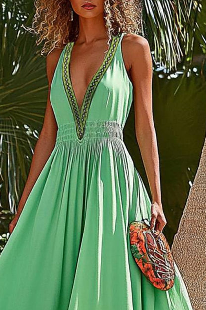 Vacation Casual Loose Swing Dress Green Deep V Patchwork Sleeveless Maxi Dress