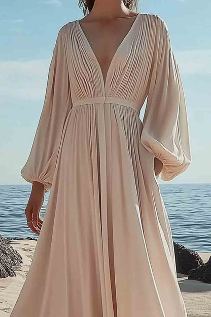 Vacation Casual Swing Loose Dress Beige V Neck Pocket Long Sleeve Maxi Dress