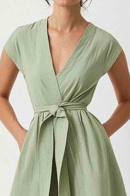 Vacation Casual Loose Dress Green V Neck Pocket Short Sleeve Mini Dress