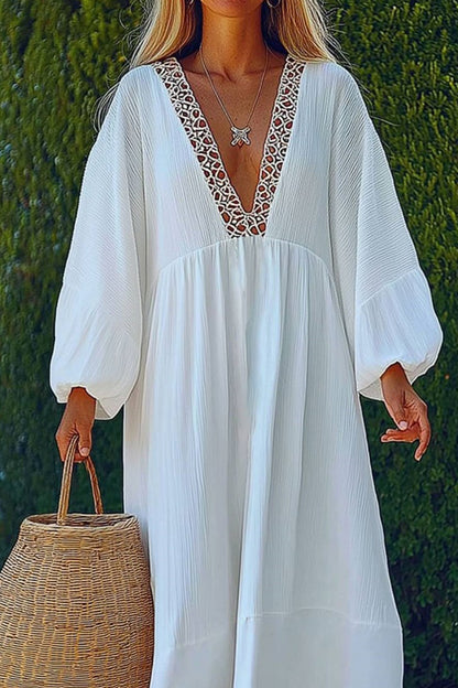 Vacation Casual Loose Dress White Deep V Long Sleeve Maxi Dress