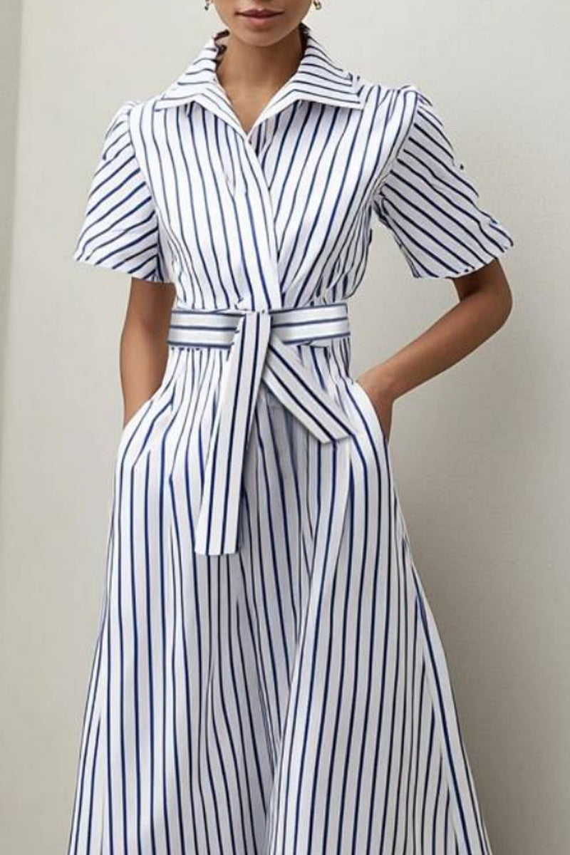 Vacation Casual Loose Stripe Dress Blue Shirt Collar Print Short Sleeve Maxi Dress