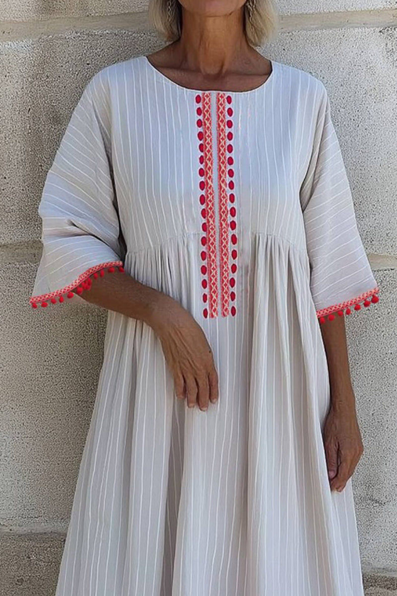 Vacation Casual Loose Dress White Crew Neck Patchwork 3/4 Length Sleeve Maxi Dress