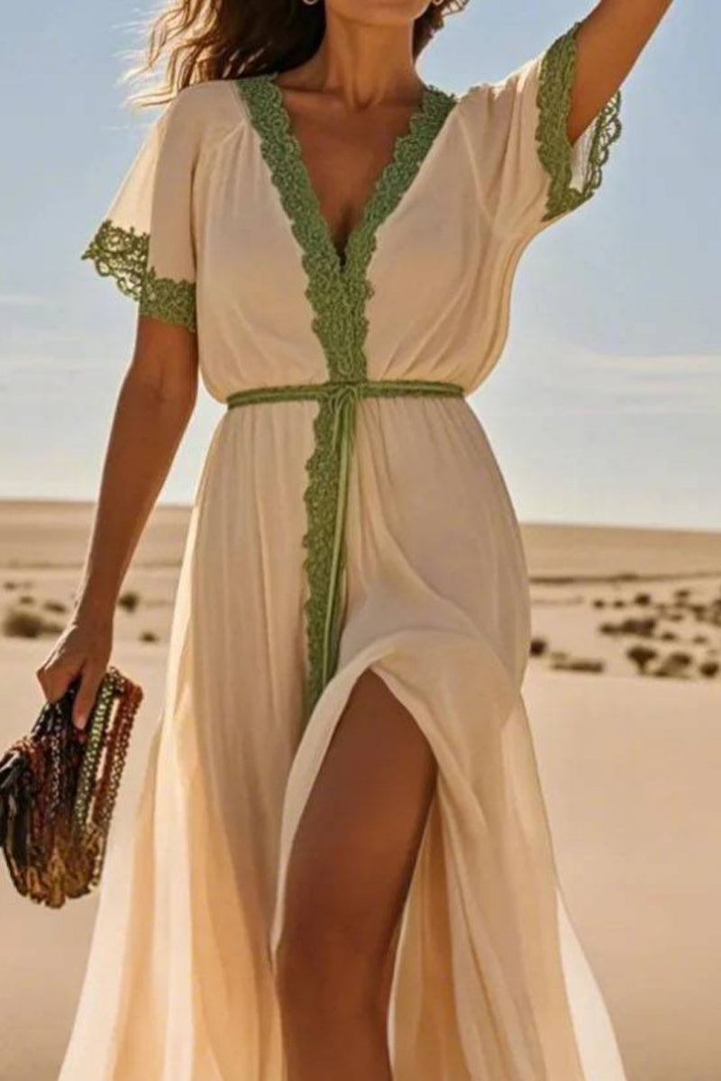 Vacation Swing Casual Loose Dress White V Neck Patchwork Short Sleeve Maxi Dress