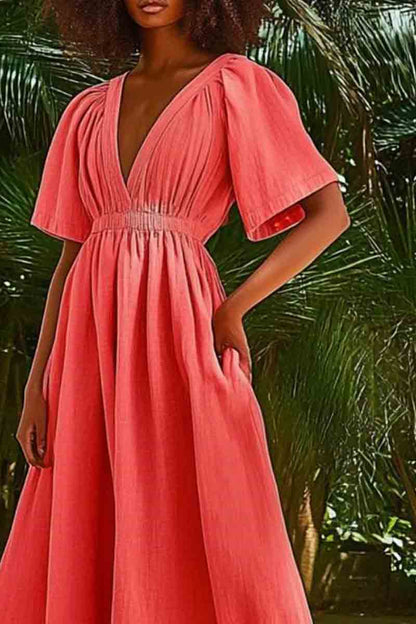 Vacation Casual Loose Dress Red V Neck Pocket Short Sleeve Maxi Dress