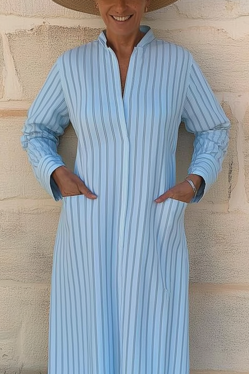 Vacation Casual Loose Dress Blue V Neck Print Pocket Long Sleeve Maxi Dress