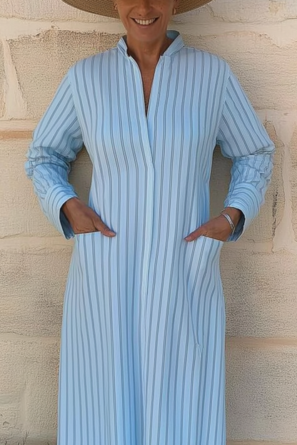 Vacation Casual Loose Dress Blue V Neck Print Pocket Long Sleeve Maxi Dress