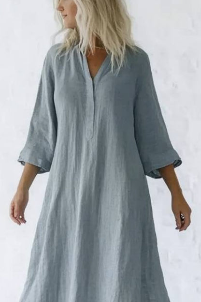 Vacation Casual Loose Dress Blue V Neck Ruffle 3/4 Length Sleeve Maxi Dress