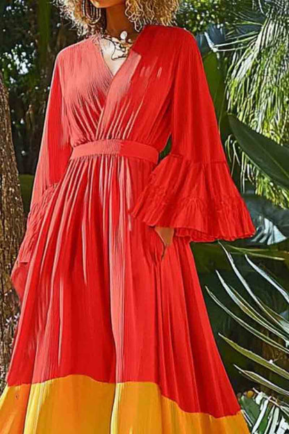 Vacation Casual Loose Dress Red V Neck Ruffle Long Sleeve Maxi Dress