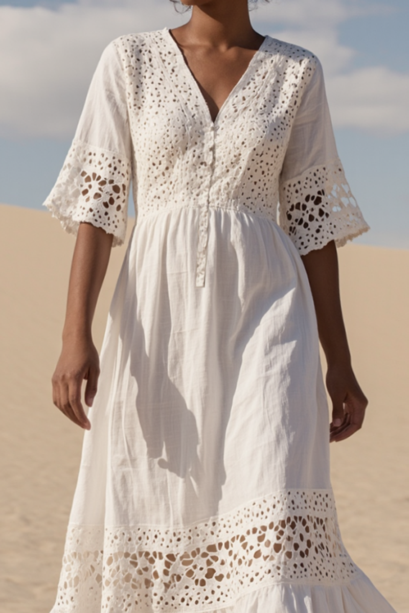 Vacation Casual Loose Dress White V Neck Lace Half Sleeve Maxi Dress