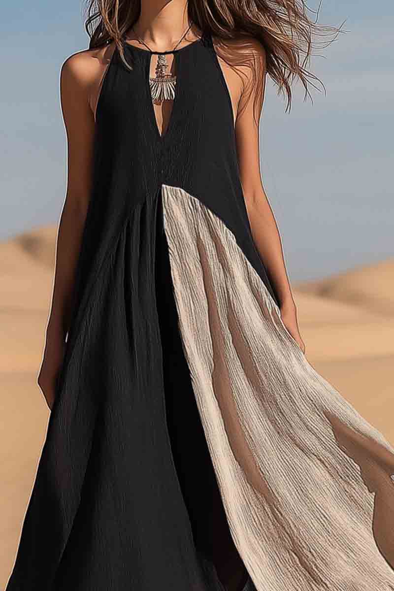 Vacation Casual Swing Loose Dress Black Crew Neck Patchwork Sleeveless Maxi Dress