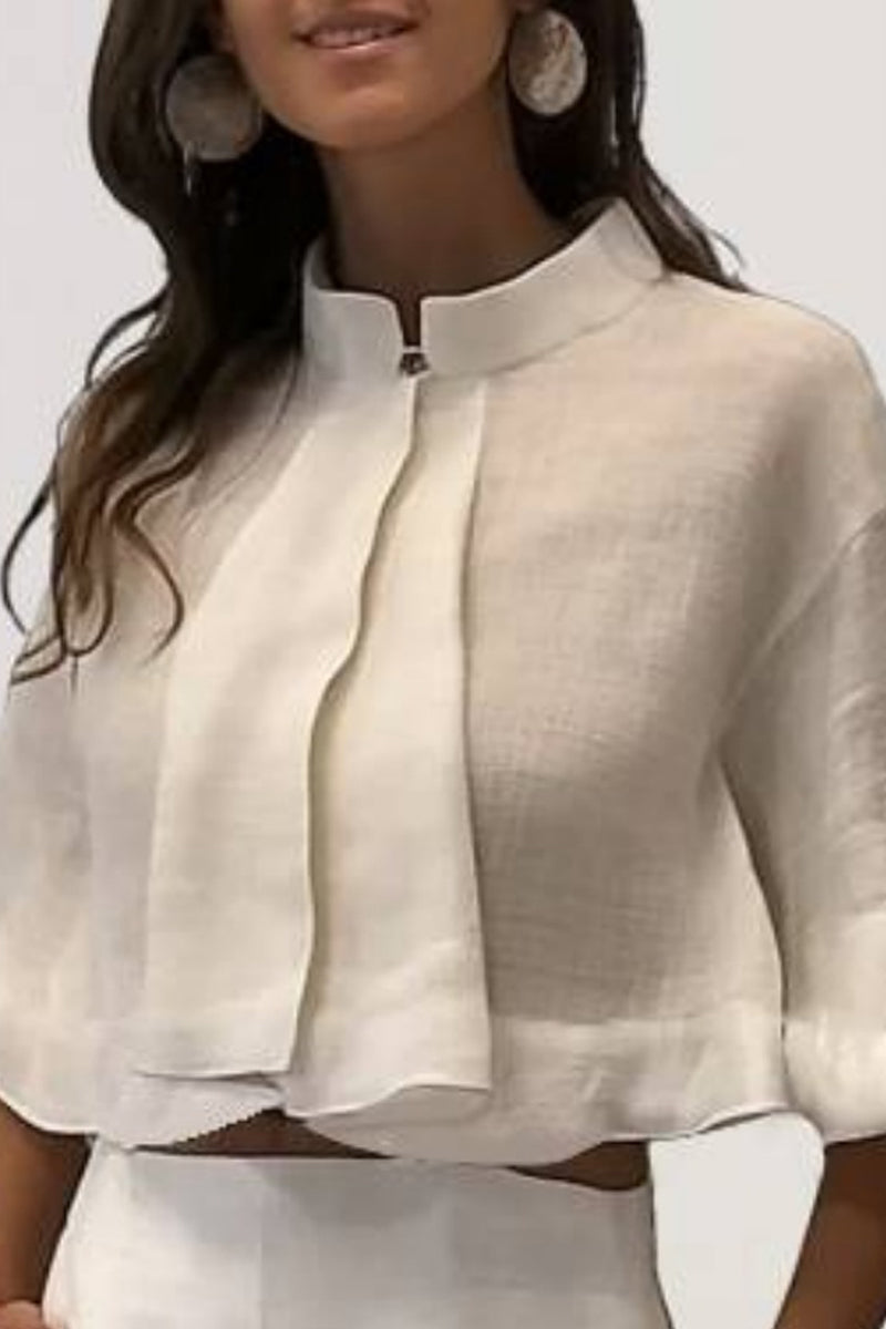 Basic Casual Top Stand Collar White Ruffle 3/4 Length Sleeve Top