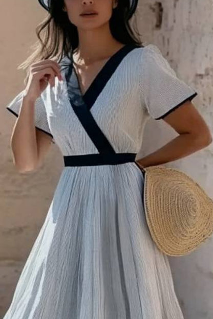 Vacation Casual Loose Dress White V Neck Patchwork Short Sleeve Midi Dress