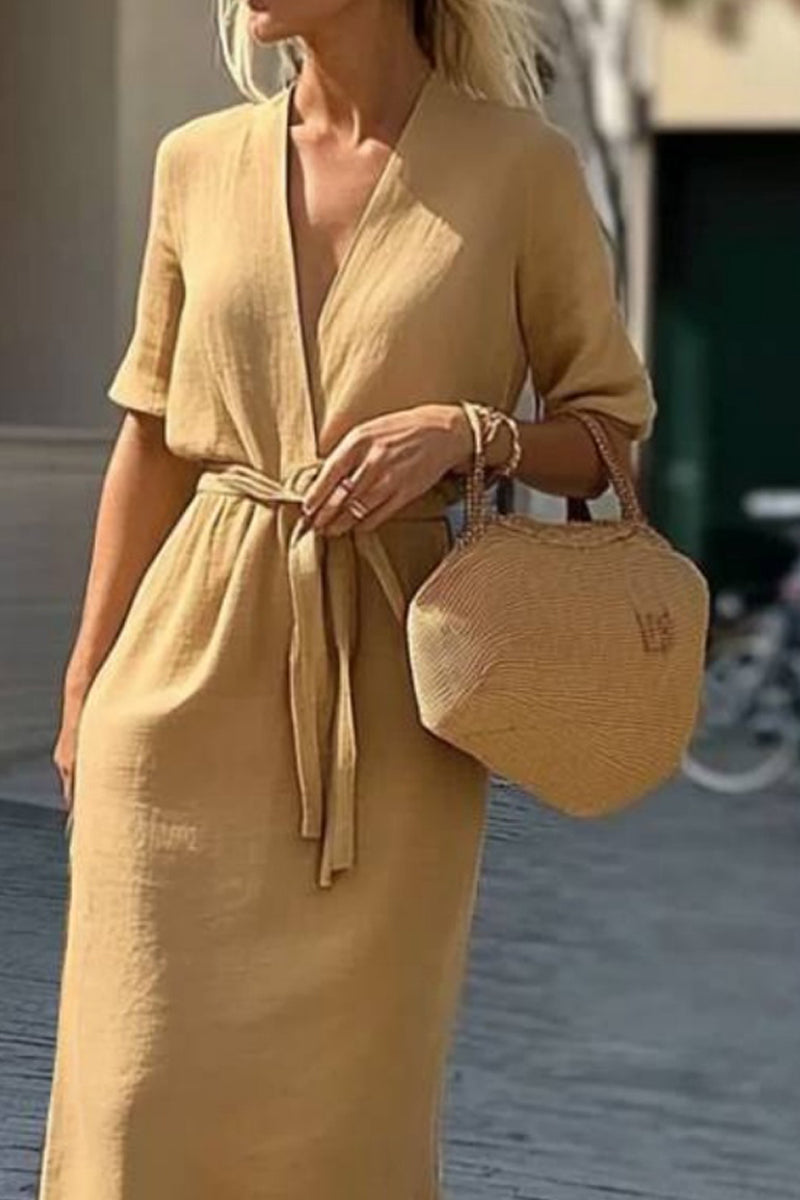 Vacation Casual Loose Dress Yellow V Neck Half Sleeve Maxi Dress