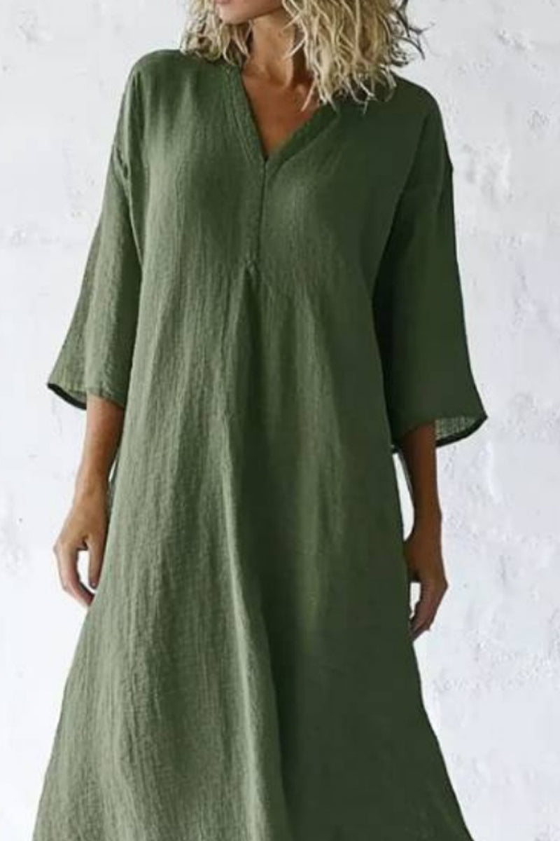 Vacation Casual Loose Dress Green V Neck 3/4 Length Sleeve Maxi Dress