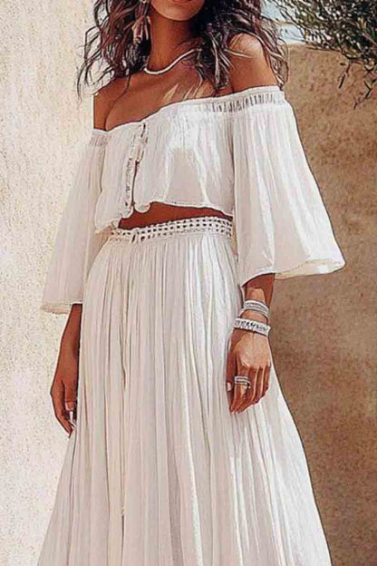 Vacation Casual Loose Dress Set White Off Shoulder 3/4 Length Sleeve Maxi Dress Suit