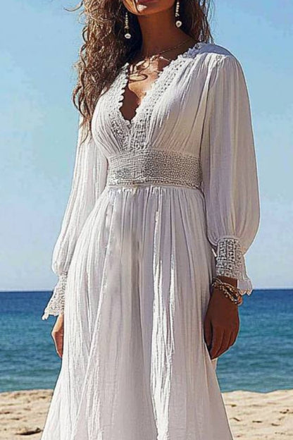 Vacation Casual Loose Dress White V Neck Plus High Low Long Sleeve Maxi Dress