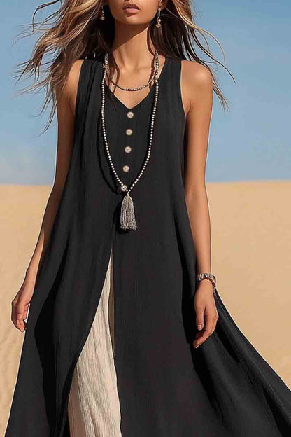 Vacation Casual Swing Loose Dress Black V Neck Button Sleeveless Maxi Dress