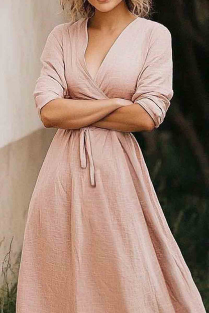 Vacation Casual Loose Dress Pink V Neck Lace up Long Sleeve Maxi Dress