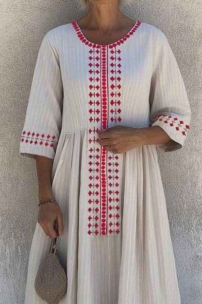 Vacation Casual Loose Dress White V Neck Patchwork 3/4 Length Sleeve Maxi Dress