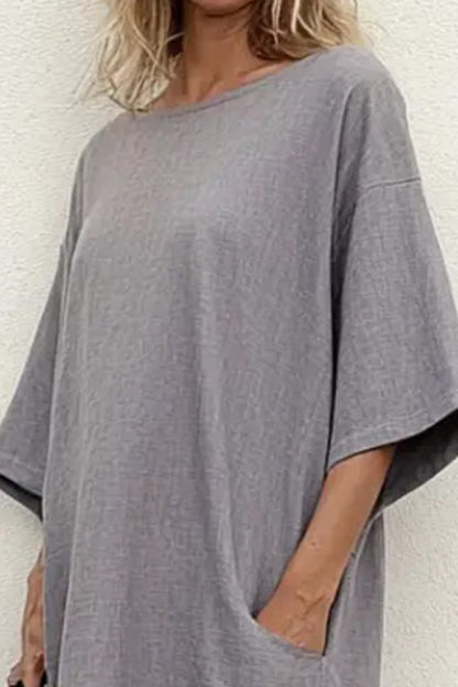 Vacation Casual Loose T Shirt Dress Grey Crew Neck 3/4 Length Sleeve Mini Dress