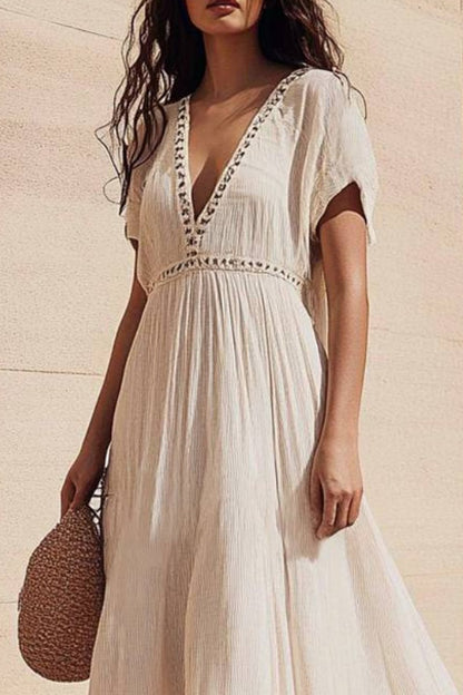 Vacation Casual Loose Dress White V Neck Ruffle Short Sleeve Maxi Dress