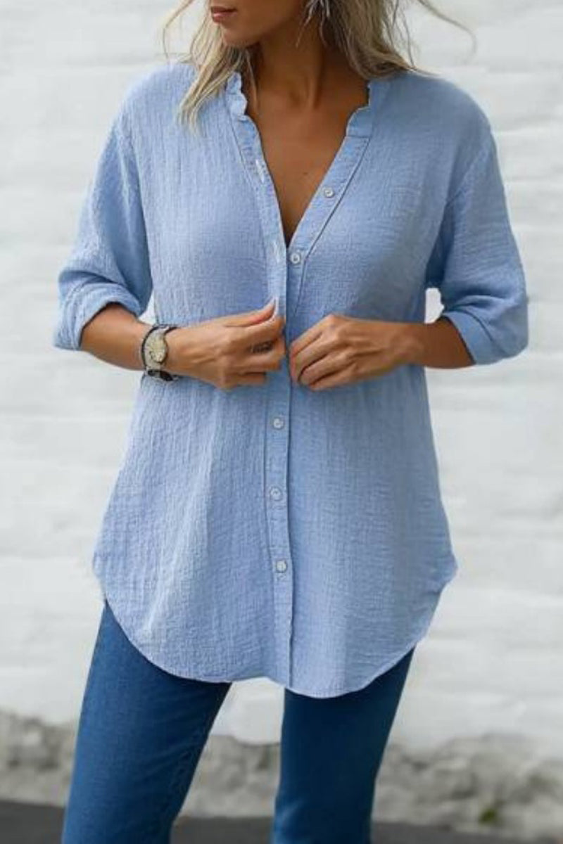 Basic Casual Top V Neck Blue Button Long Sleeve Top