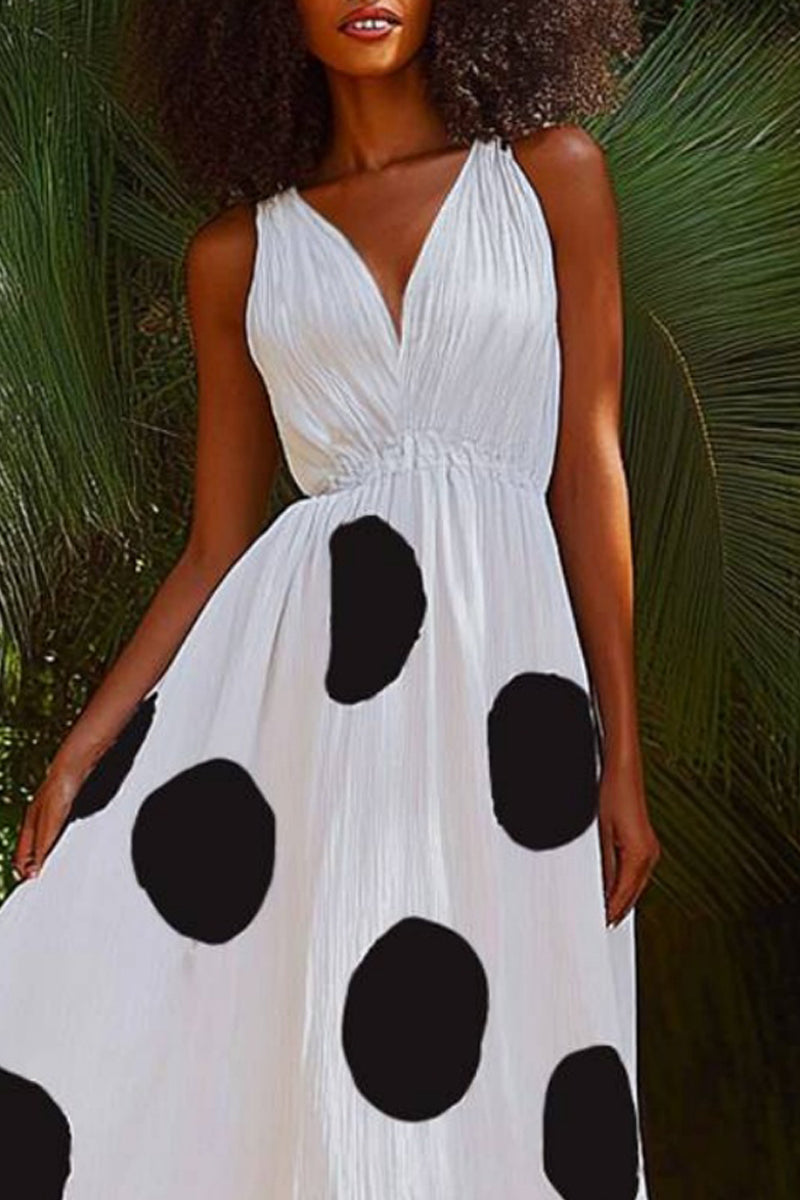 Vacation Casual Loose Swing Dot Dress White V Neck Print Sleeveless Maxi Dress