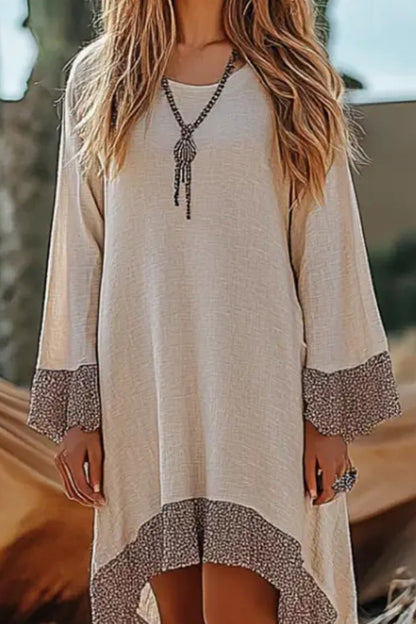 Vacation Casual Loose Boho Dress Beige Crew Neck Patchwork Long Sleeve Midi Dress