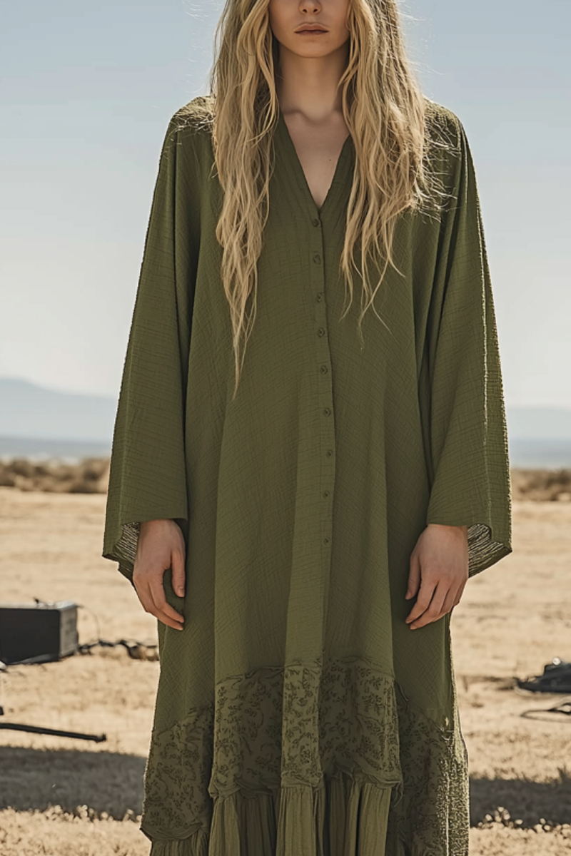 Vacation Casual Loose Boho Dress Army Green V Neck Lace Long Sleeve Maxi Dress