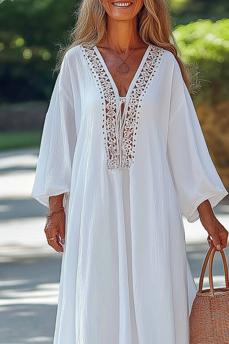 Vacation Casual Loose Dress White Deep V 3/4 Length Sleeve Maxi Dress