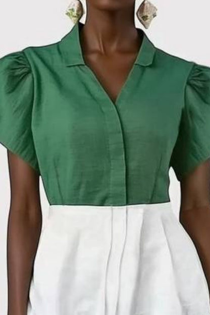 Basic Casual Top Split Neck Green Ruffle Short Sleeve Top