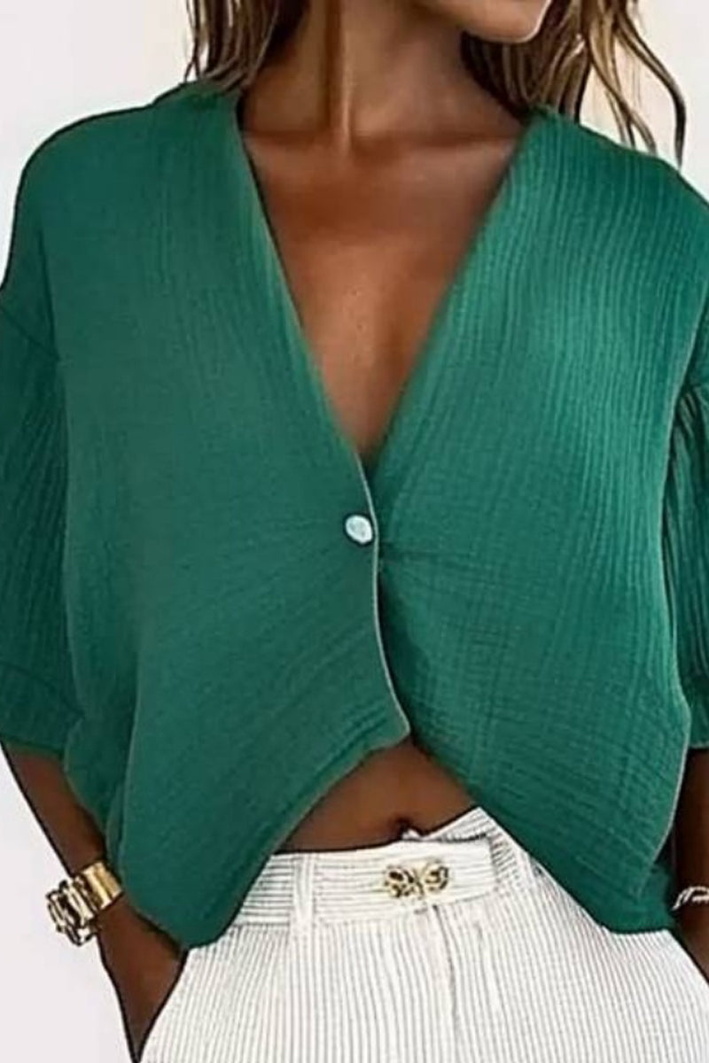 Basic Casual Top V Neck Green Button Short Sleeve Top