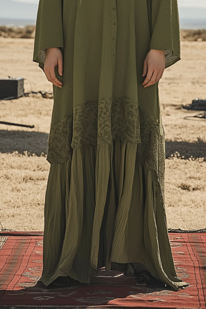 Vacation Casual Loose Boho Dress Army Green V Neck Lace Long Sleeve Maxi Dress