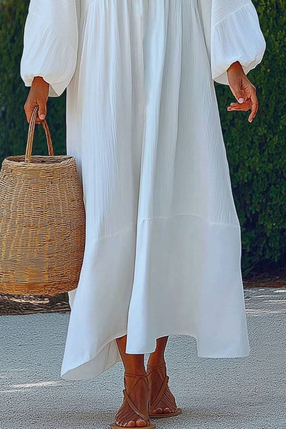 Vacation Casual Loose Dress White Deep V Long Sleeve Maxi Dress