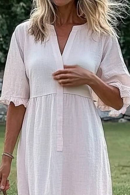 Vacation Casual Loose Dress White V Neck Ruffle Half Sleeve Midi Dress