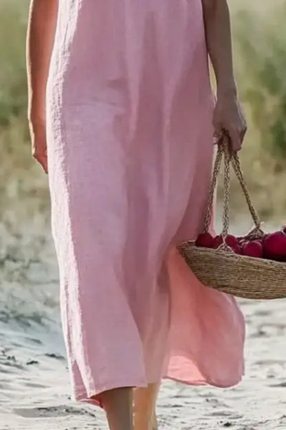 Vacation Casual Loose Dress Pink V Neck Short Sleeve Midi Dress