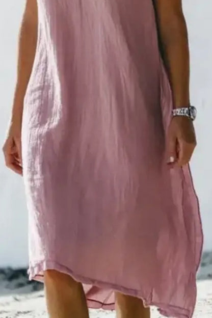 Vacation Casual Loose Dress Pink V Neck Short Sleeve Midi Dress