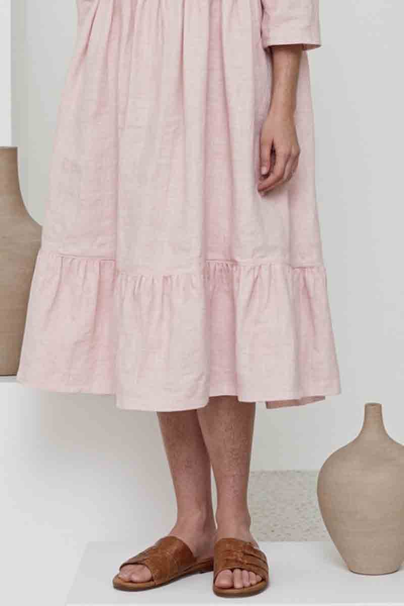 Vacation Casual Loose Dress Pink Crew Neck Ruffle 3/4 Length Sleeve Midi Dress