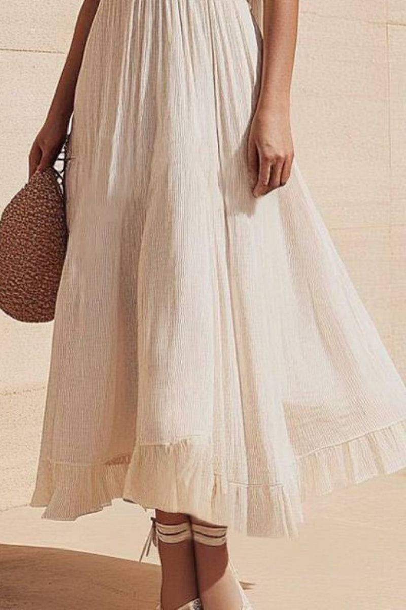 Vacation Casual Loose Dress White V Neck Ruffle Short Sleeve Maxi Dress