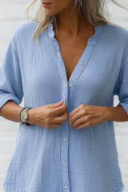 Basic Casual Top V Neck Blue Button Long Sleeve Top