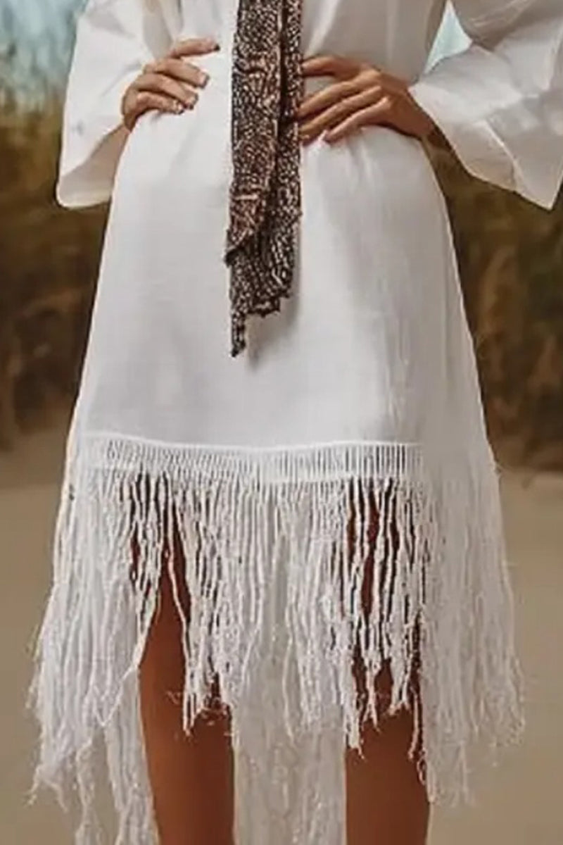 Vacation Casual Loose Boho Dress White V Neck Tassel Long Sleeve Midi Dress